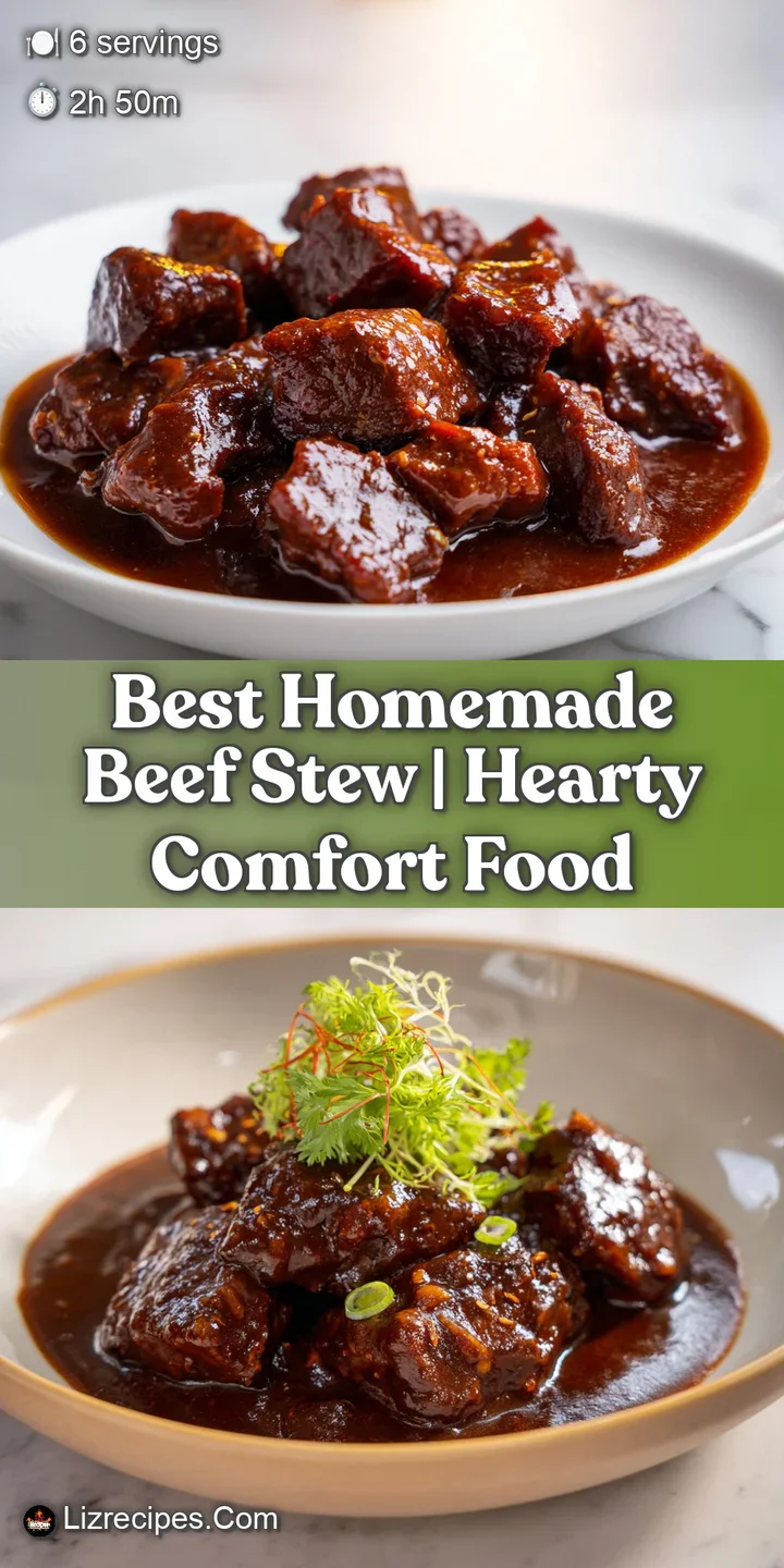 Close-up of slow-cooked beef chunks coated in a glossy, dark brown sauce with soft, melted carrots and garden peas.