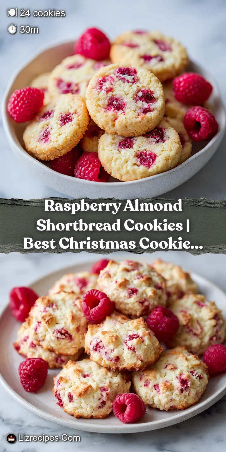 Close-up of a warm, crumbly shortbread cookie with bright raspberry bursts and toasted almonds.