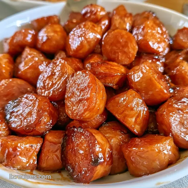 Glazed sausage rounds arranged neatly with toothpicks, garnished with sliced green onions and sesame seeds.