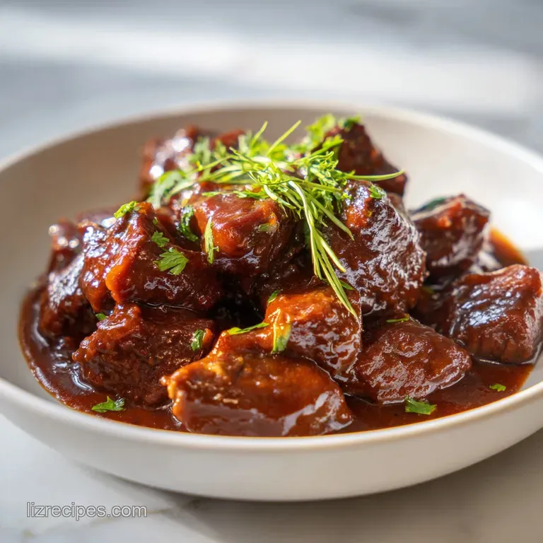 Deep bowl of savory stew with chunks of potato and carrot, topped with chopped parsley and crusty bread on the side.