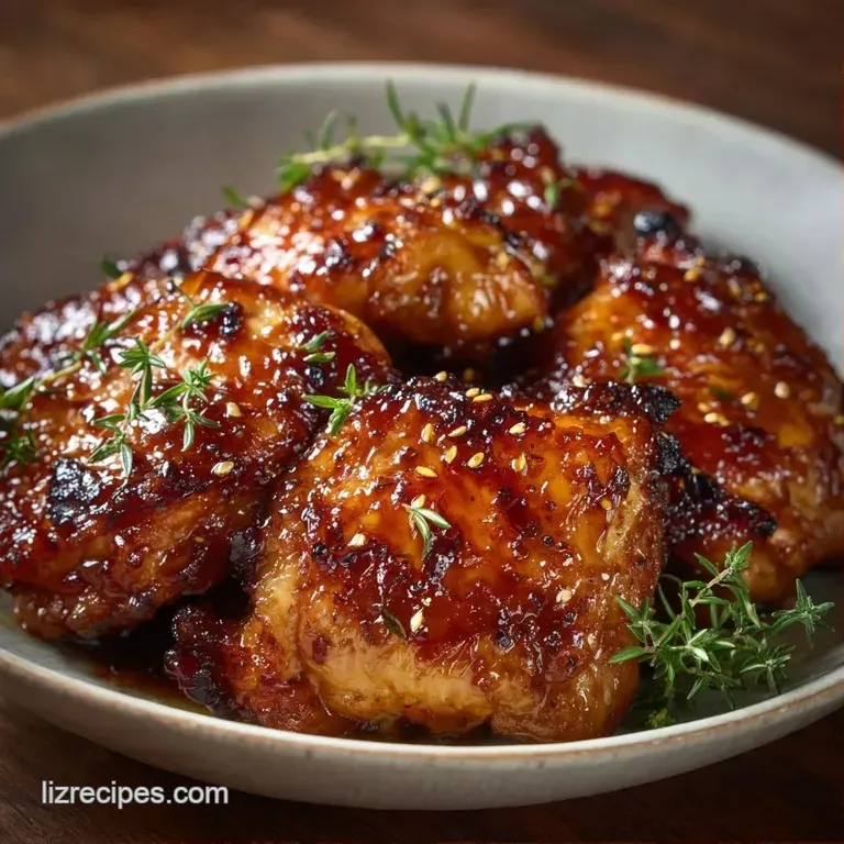 Plated succulent chicken thighs resting on creamy mashed potatoes with a savory gravy drizzle and fresh thyme.