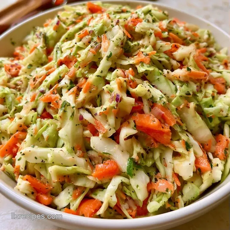 Vibrant shreds of purple and green cabbage in a white ceramic bowl, topped with a sprinkle of fresh green herbs.
