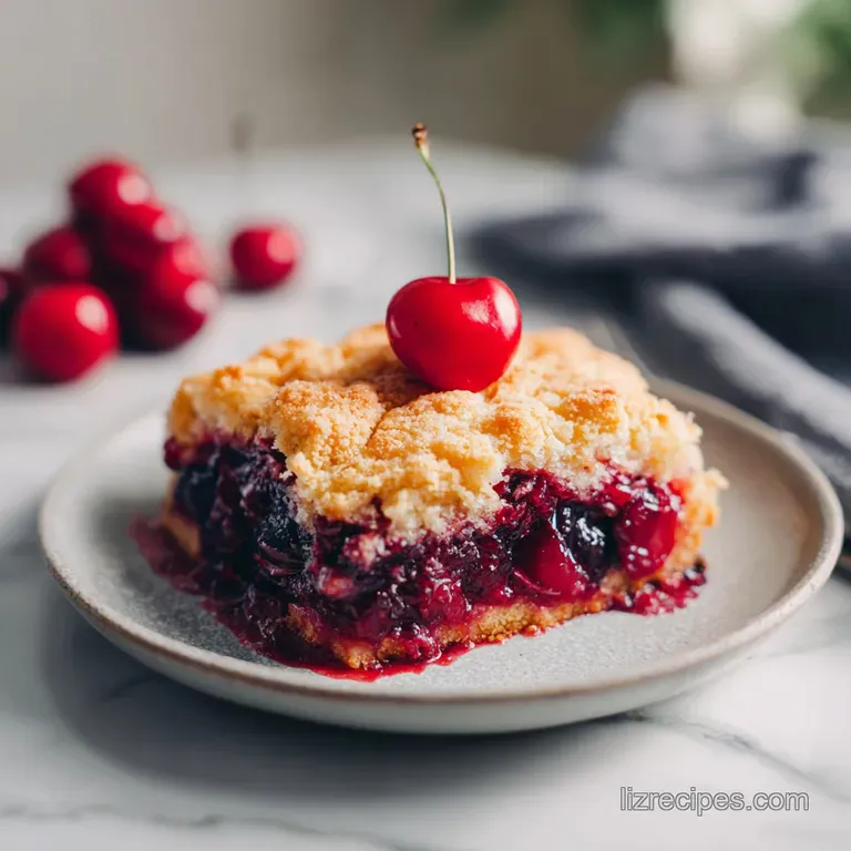 A warm slice of cherry dump cake with a tender, golden crust, served elegantly on a white plate.