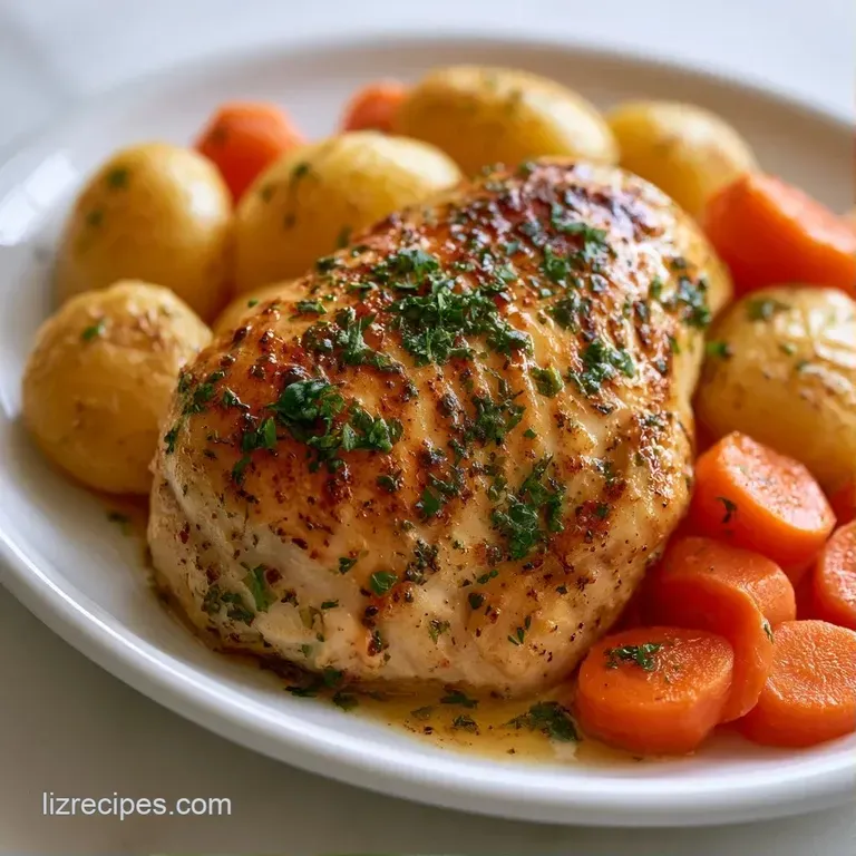 A creamy scoop of tender chicken and potatoes on a white plate, topped with fresh thyme and a drizzle of gravy.