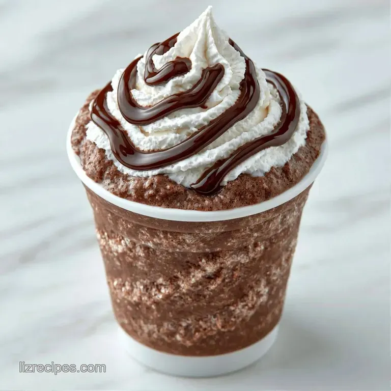 Tall glass filled with a frozen cocoa blend, topped with a fluffy cream peak and a bright red cherry on a white tray.