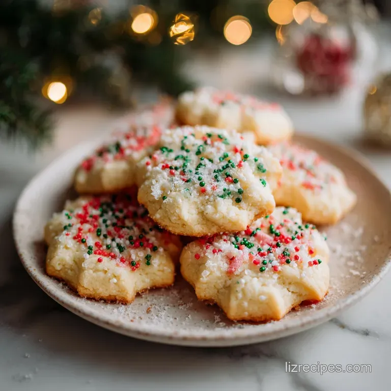 Stacked buttery cookies on a festive platter, a sweet treat for a holiday gathering.