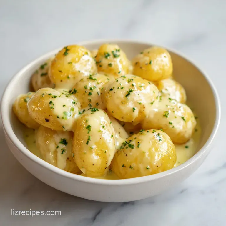 Elegant scoop of creamy golden potatoes on a dark plate, topped with a fresh parsley sprig and cracked pepper.