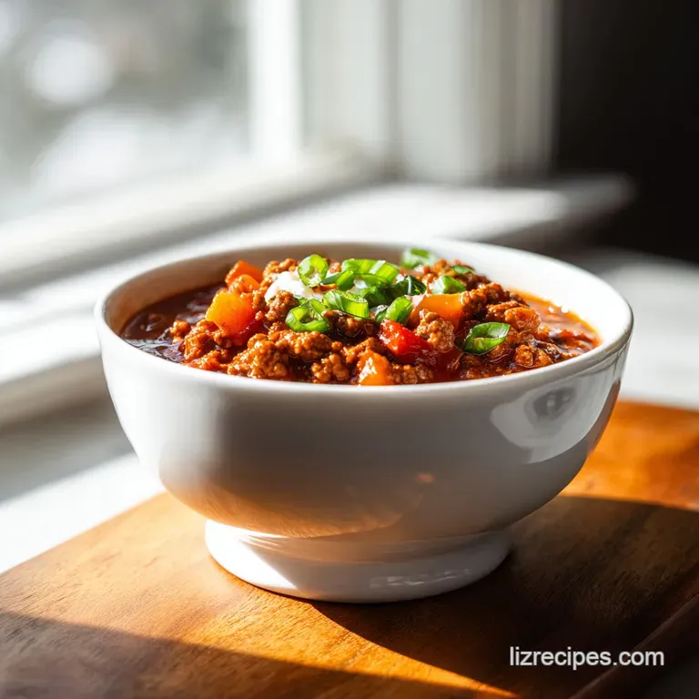 A rustic bowl of hearty turkey chili, topped with a swirl of creamy sour cream and a sprinkle of fresh green cilantro.