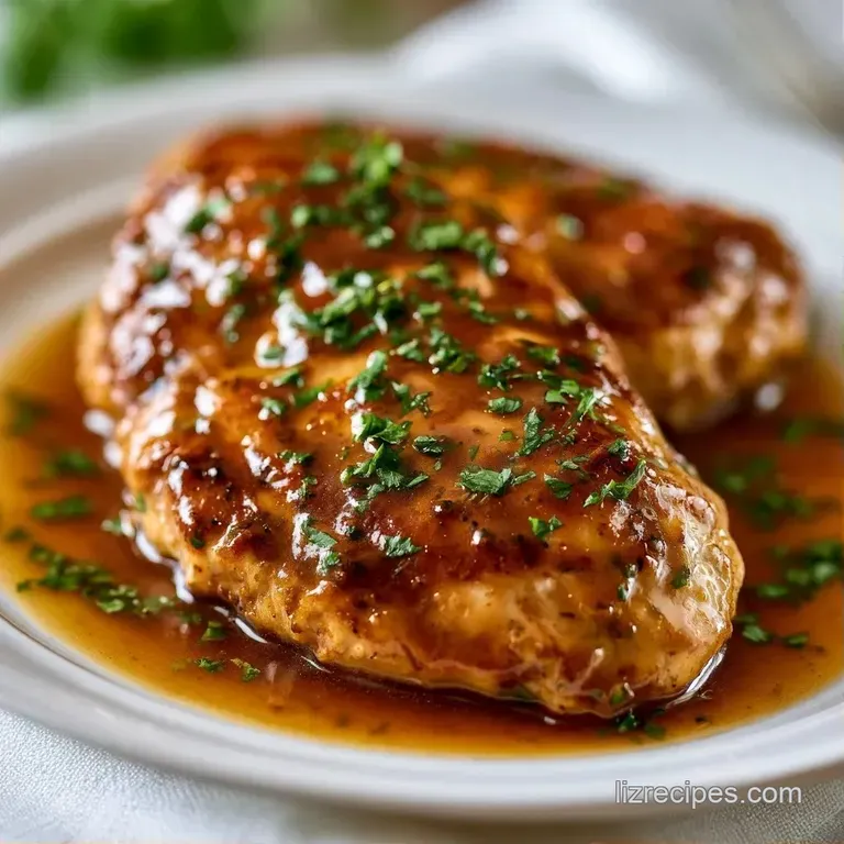 Sliced succulent chicken breast draped in a velvety brown sauce on a white plate with a side of bright steamed peas.