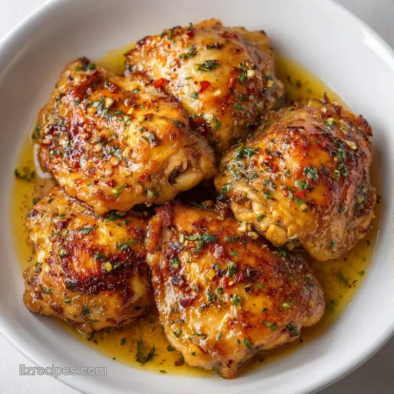 Juicy golden-brown chicken breasts plated on a white ceramic dish, drizzled with melted garlic butter and herbs.