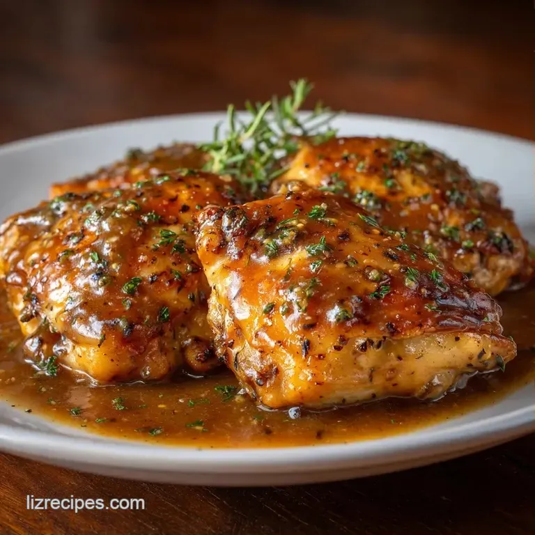 Juicy chicken thighs plated on a white ceramic dish, topped with velvety gravy and a side of mashed potatoes.