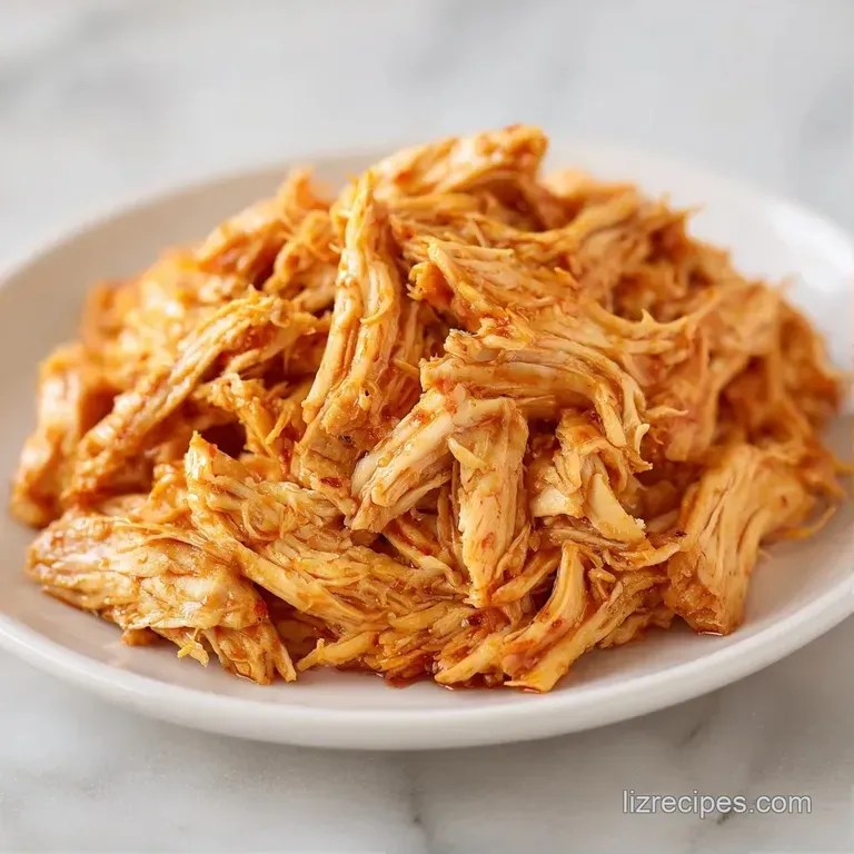 Neat pile of tender pulled chicken on a white ceramic plate, garnished with a bright lemon wedge and cracked black pepper.