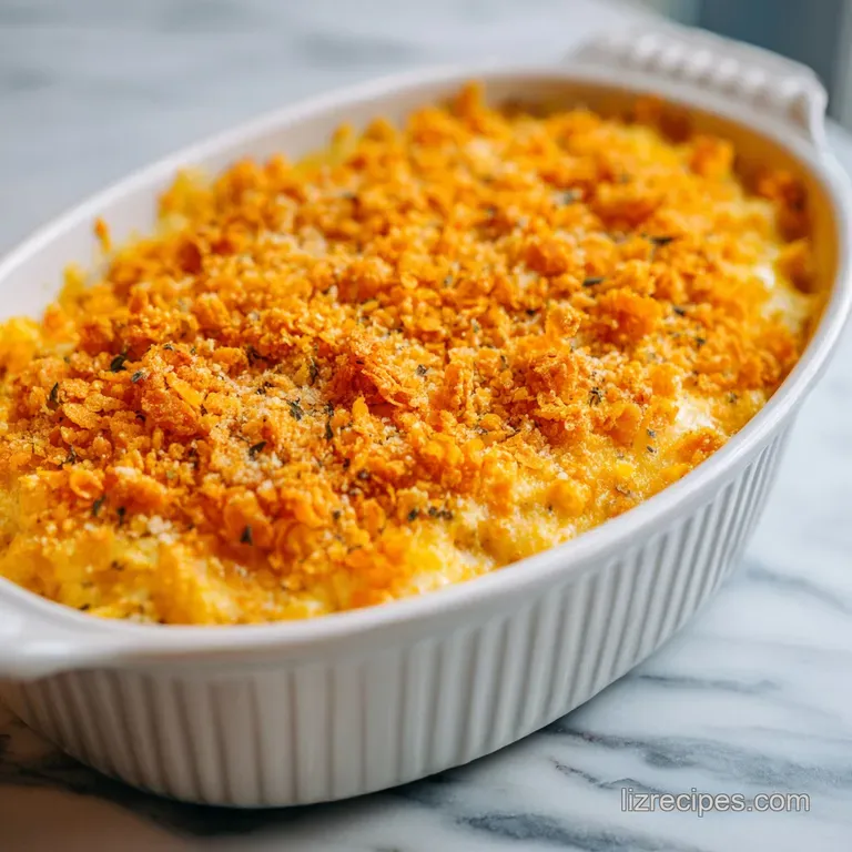 A creamy scoop of chicken and cheese topped with crushed orange chips and sliced green onions on a white ceramic plate.