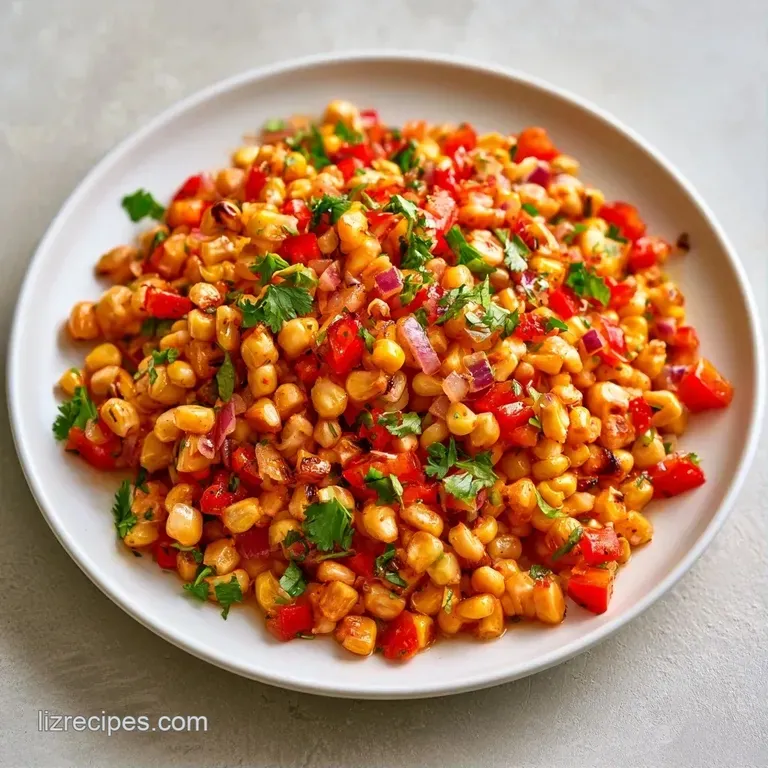 Bright yellow corn and red pepper salad served in a modern white bowl, garnished with fresh green cilantro leaves.