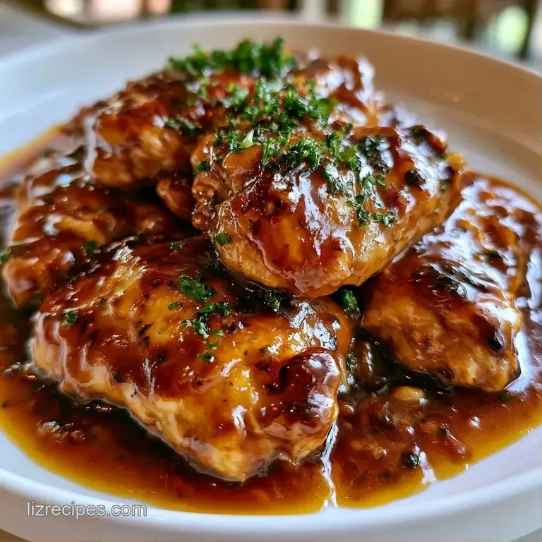 Slices of juicy poultry topped with glossy brown sauce, served over fluffy mashed potatoes with a sprig of parsley.