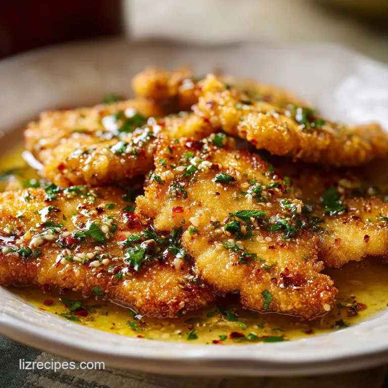 Seared chicken breasts on a white ceramic plate drizzled with golden butter sauce and fresh green parsley.