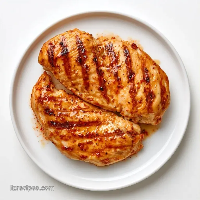 Sliced charred chicken breast arranged on a white ceramic plate with grilled asparagus and a fresh lemon wedge.