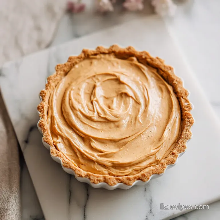 A slice of creamy peanut butter pie on a white plate, garnished with chocolate shavings.