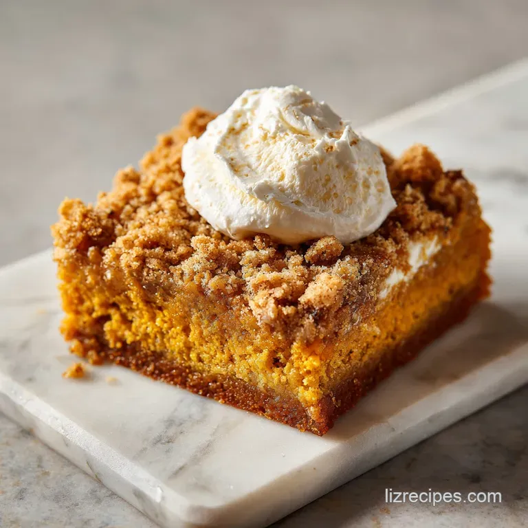 A slice of golden pumpkin cake with a crisp topping, artfully plated with a swirl of cream.