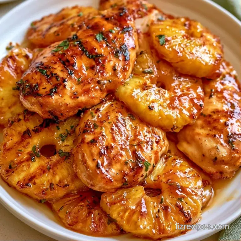 Sliced golden chicken breast paired with a grilled pineapple ring and fresh herbs on a matte black plate.