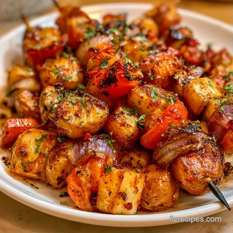 Colorful skewed vegetables and golden potatoes drizzled with herb oil, arranged neatly on a matte black ceramic plate.