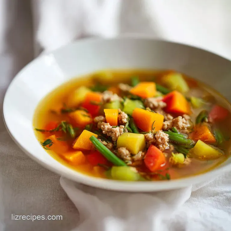 A white ceramic bowl filled with chunky vegetable soup, topped with fresh parsley and served with crusty bread.