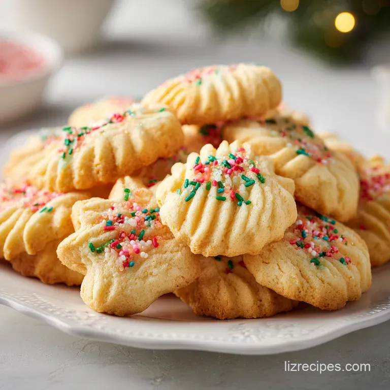Elegant stack of crisp, golden butter cookies on a white porcelain plate beside a steaming cup of coffee.
