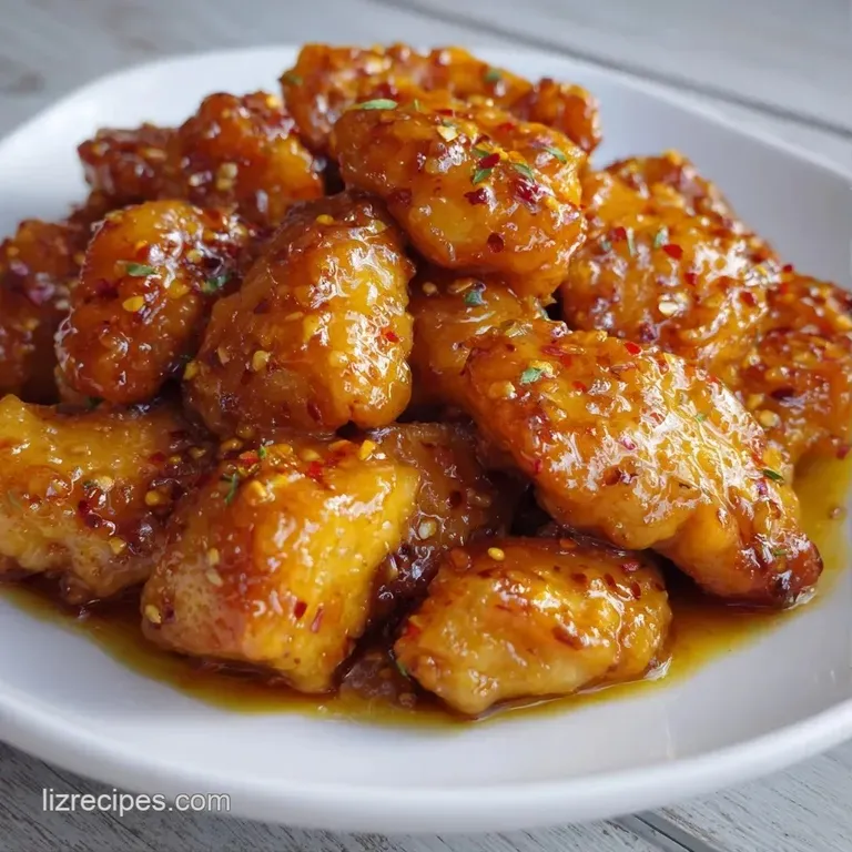 Tender, golden-brown meat on a white plate, drizzled with rich gravy and garnished with a sprig of fresh parsley.