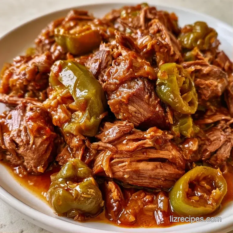 Shredded beef over velvety mashed potatoes, topped with a glossy brown reduction and sliced yellow peppers.