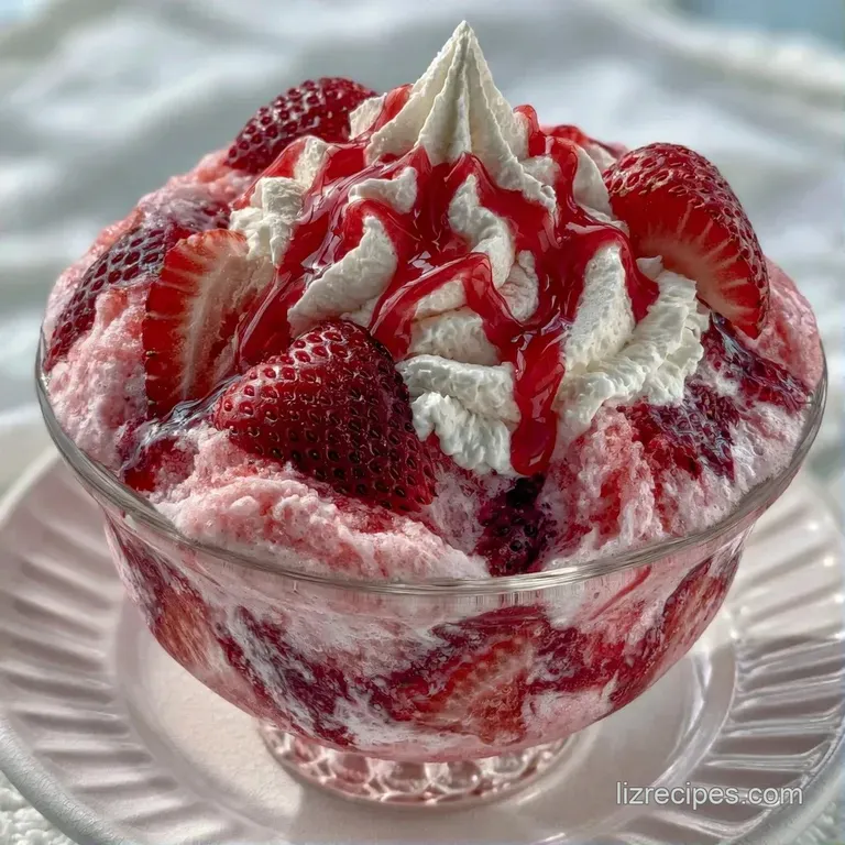 Four chilled glasses of pale pink frozen cream topped with fluffy white peaks and fresh berry garnishes.