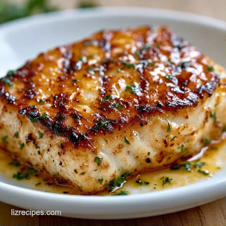 A white fish fillet resting on vibrant green asparagus with a drizzle of melted butter on a matte ceramic plate.