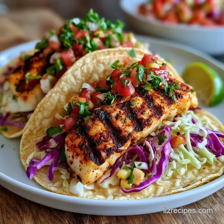 Three charred fish tacos on a dark slate board, paired with vibrant lime wedges and a small bowl of zesty crema.