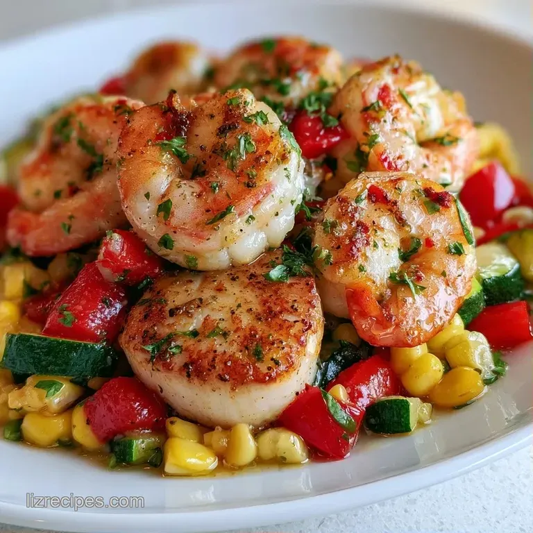 Vibrant red shrimp and white scallops glistening in butter, served in a foil pouch with bright lemon wedges.