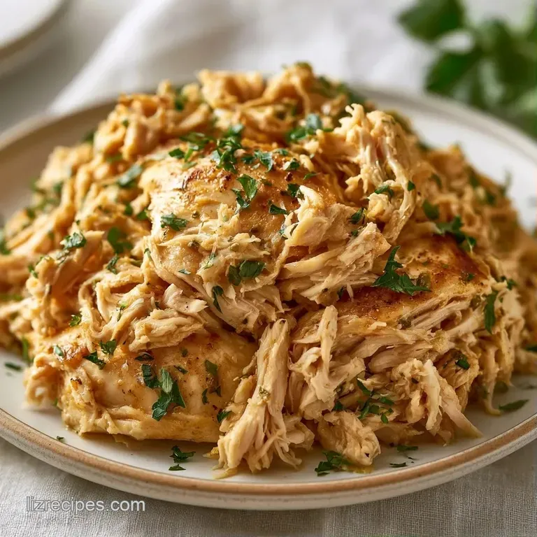 Neatly piled tender pulled chicken garnished with chopped parsley on a matte grey plate with garden greens.