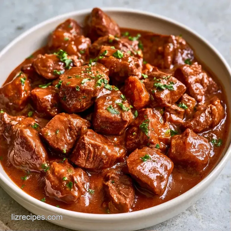 A steaming white ceramic bowl of rich brown stew topped with fresh parsley on a rustic dark wood surface.