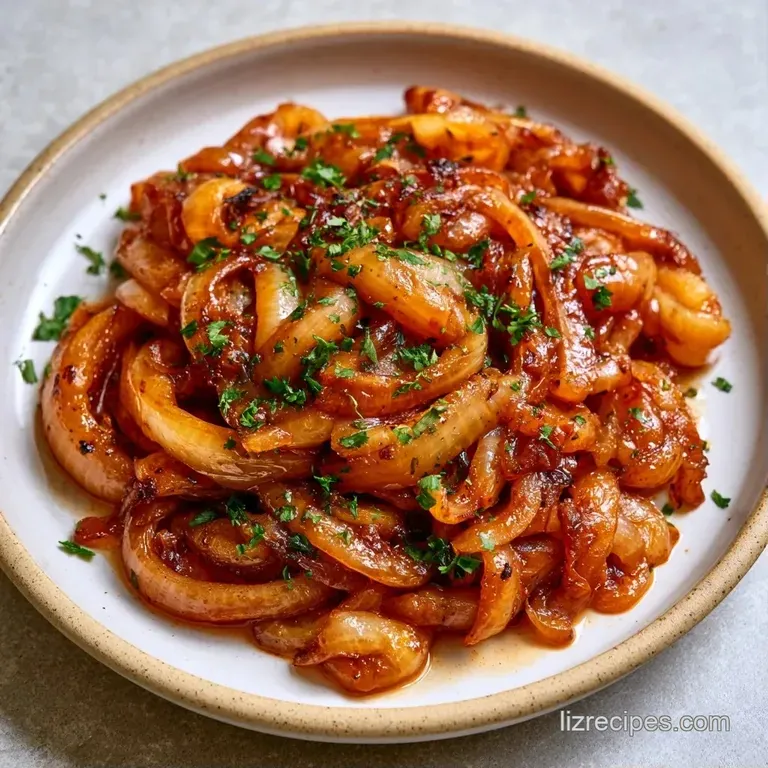 A neat mound of mahogany-colored softened onions served in a white ceramic bowl with a sprinkle of fresh thyme.
