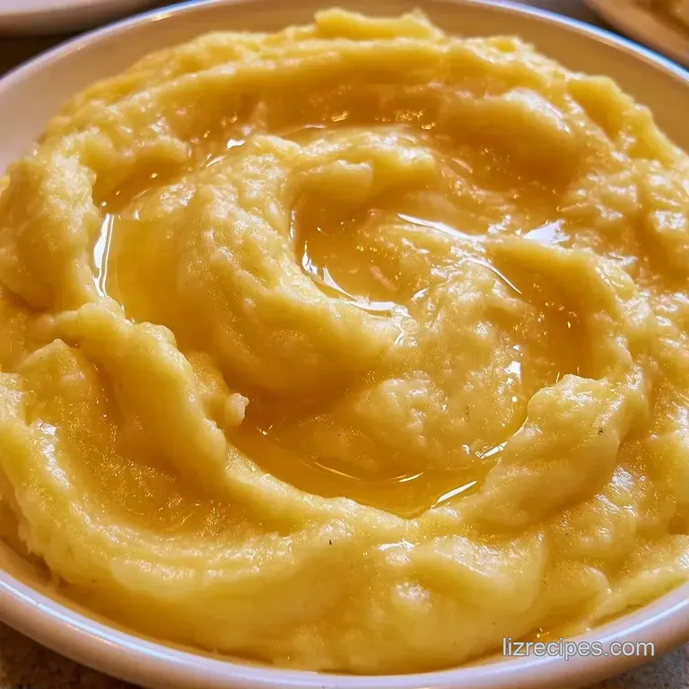 Elegant scoop of whipped golden potatoes with a swirl of melted butter and fresh herbs on a porcelain plate