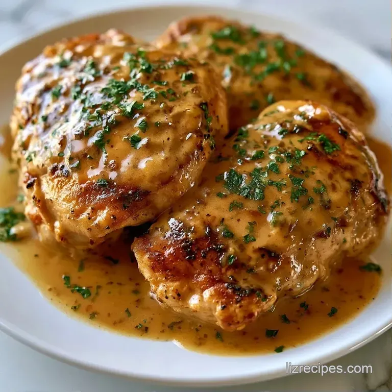 Tender chicken breasts smothered in a rich brown glaze, served atop creamy mashed potatoes with a sprig of thyme.