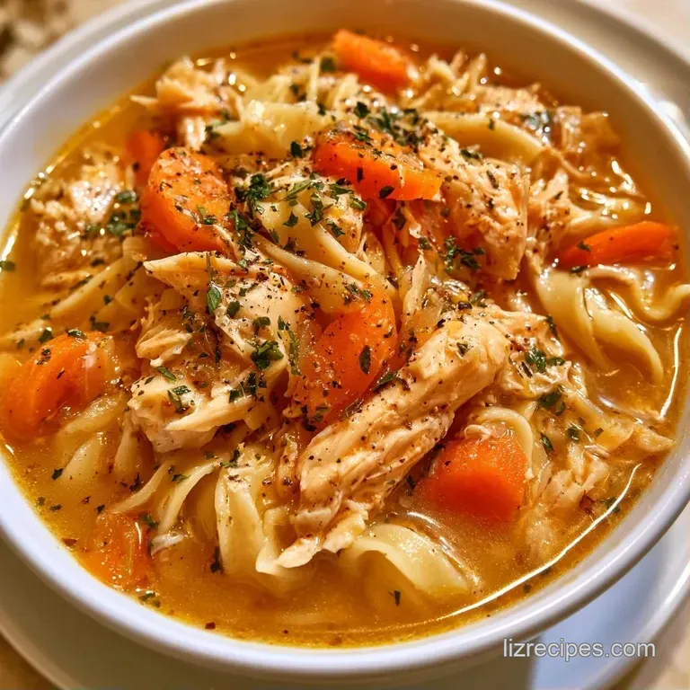 Steaming white bowl of golden chicken soup with bright orange carrots and a sprinkle of fresh green parsley.