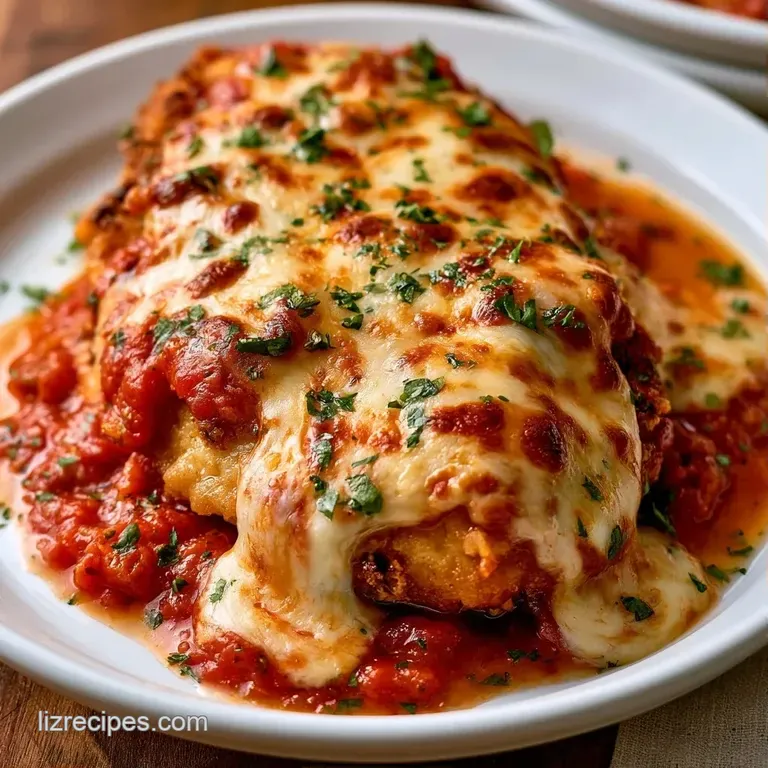 A slice of melted, cheesy chicken breast served on a white plate beside al dente pasta and a fresh basil leaf.