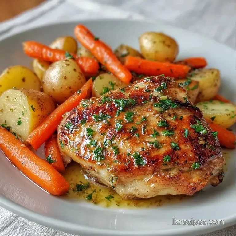 Slices of succulent chicken breast topped with a silky white sauce on a ceramic plate with steamed baby carrots.