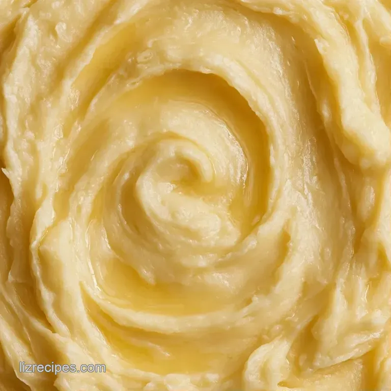 A smooth swirl of pale yellow whipped potatoes on a dark plate, topped with a sprig of thyme and a drizzle of olive oil.