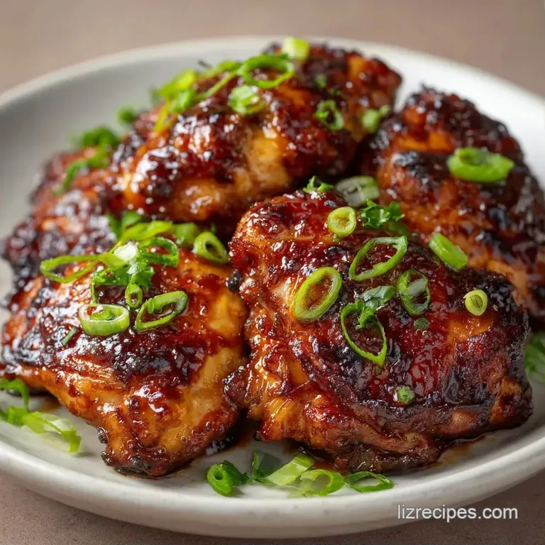 Tender chicken pieces coated in a sticky gold sauce, garnished with sliced green onions on a matte ceramic plate.