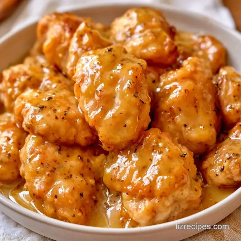 Glazed chicken medallions on a white platter, garnished with fresh parsley and a side of creamy mashed potatoes.