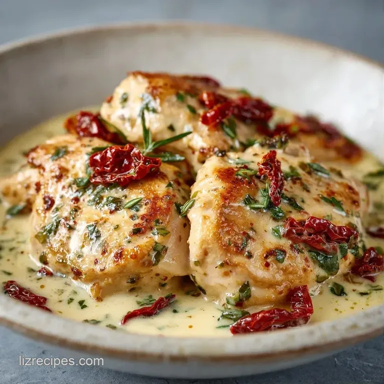 Golden chicken breasts nestled in a rich white sauce, garnished with fresh parsley on a white ceramic plate.