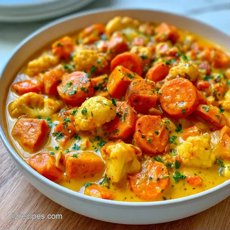 A shallow white bowl of vibrant orange curry topped with a swirl of coconut cream and a sprig of fresh green cilantro.