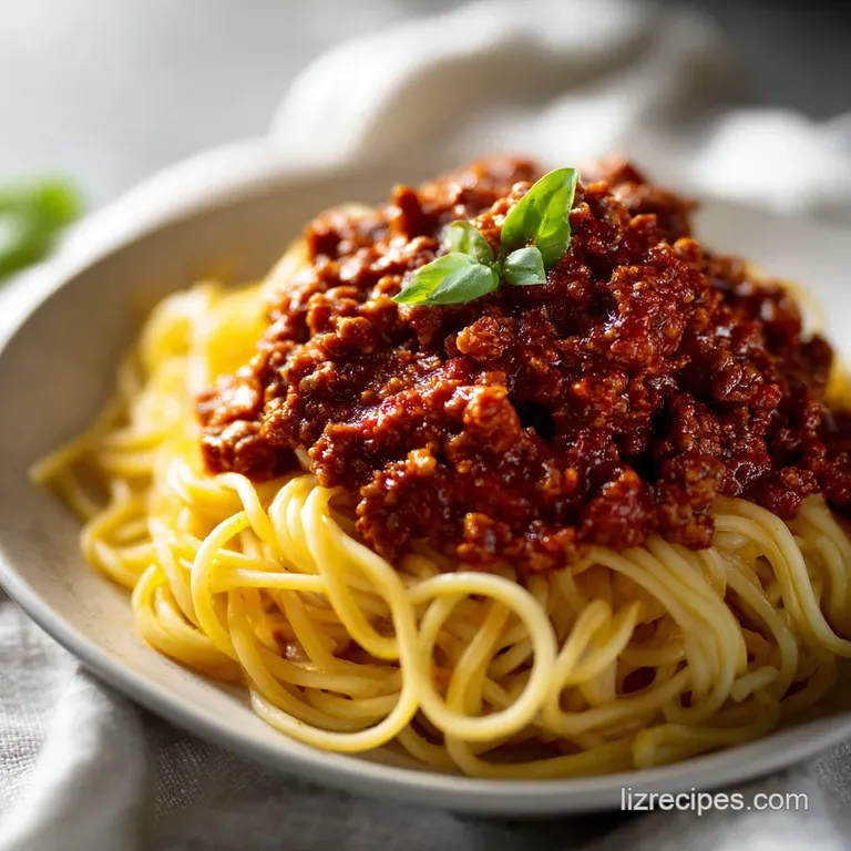 Twirled pasta topped with a thick tomato meat sauce in a white bowl, garnished with a bright green basil leaf.