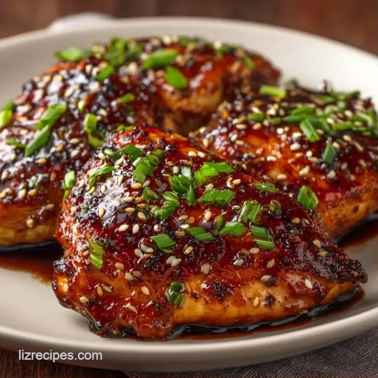 Dark mahogany glazed chicken strips resting on a bed of steamed jasmine rice with bright green onion curls.