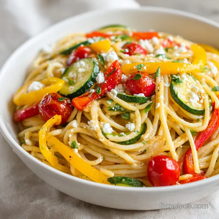 An artfully arranged mound of chilled spaghetti salad, showcasing colorful vegetables and a light dressing.